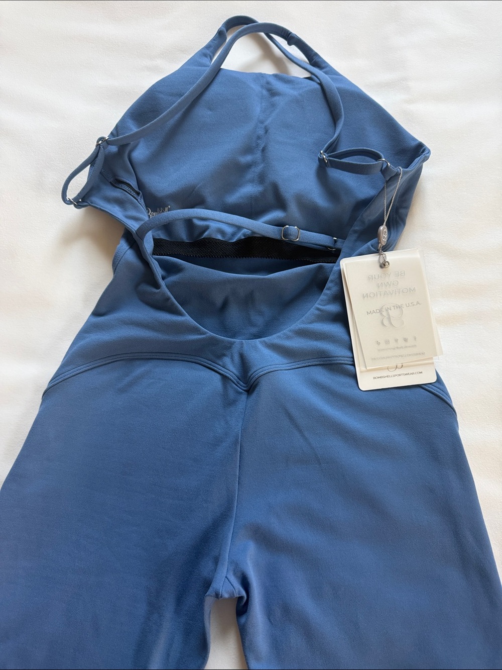 Bombshell Sportswear Blue Women's Flared Jumpsuit with Crossback Straps - Picture 5 of 5
